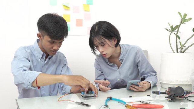 Man and woman connecting soil moisture sensors to microcontroller