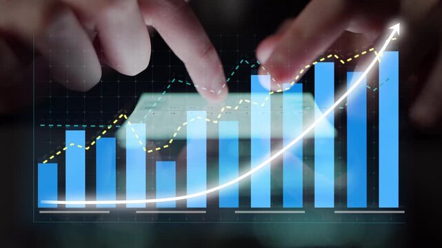 Close-up view of fingers interacting with a touchscreen displaying various data visualizations, including bar and line graphs, relevant for business analysis and insights. Copula