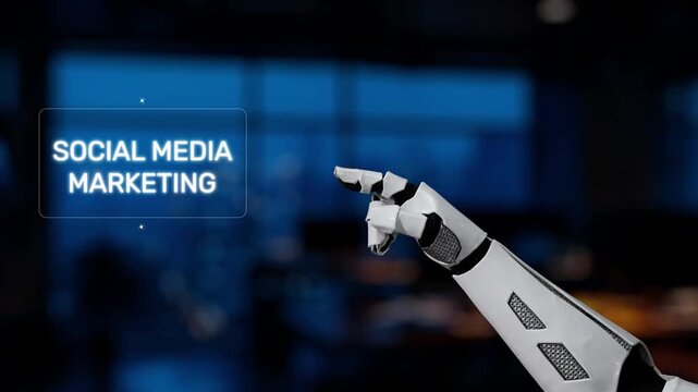 A robotic hand engages with a holographic display focused on social media marketing, emphasizing the blend of technology and modern business strategies. Synapse