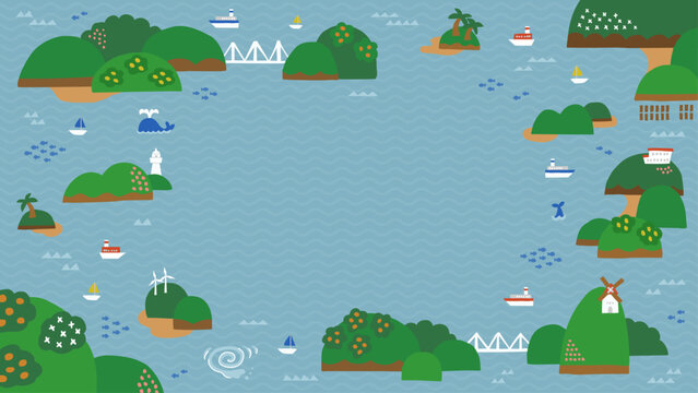 海と島々の風景イラスト　背景・フレーム素材（横向き16:9）