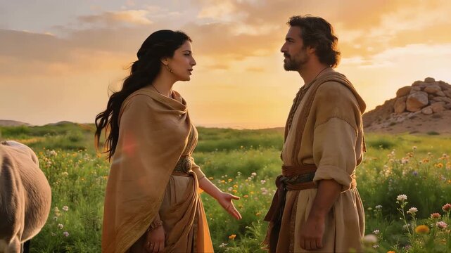 Abigail Pleads With David Concerning Her Husband Nabal. Biblical Story Scene