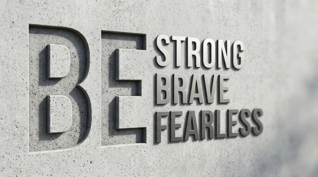 Positive motivational phrase be strong brave fearless embossed in gray concrete wall texture for professional office.