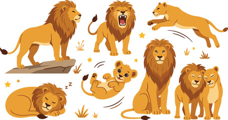African Lion and Lioness Wildlife Vector Illustration Set Featuring Roaring Male, Leaping Lioness, Sleeping on Ground, Playful Cub, Sitting, and Loving Couple Poses © Lal