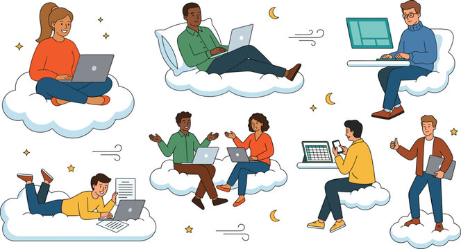 Corporate Professionals and Remote Freelancers Working on Clouds Vector Illustration Set Featuring Laptop Computing, Cloud Network Discussion, Mobile Programming, and Tech Workflow Concepts