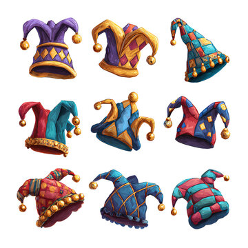 Vibrant Set of Colorful Jester Hats and Medieval Fool Caps for Festive Events