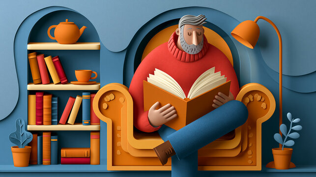 Cozy Reading At Home With Man Holding Book, Bookshelf, Armchair, Lamp, Relaxing Literature 3D Illustration