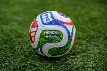 Naklejka premium May 7, 2026, United States. The official ball of the 2026 FIFA World Cup Adidas Trionda on the green lawn of the stadium.