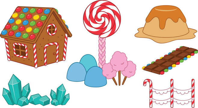 Sweet Candy Land Video Game Asset Element Set Featuring Gingerbread House with Candy Roof, Swirl Lollipop, Pudding Mountain, Chocolate Path, and Candy Cane Fence Vector Illustration