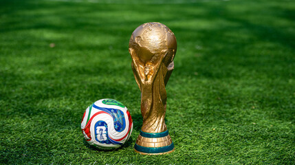 Fototapeta premium May 7, 2026, United States. The trophy of the 2026 FIFA World Cup and the official Adidas Trionda ball on the green lawn of the stadium.