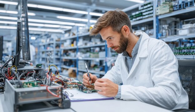 Male electronics technician in a white lab coat inspecting and repairing a circuit board in a professional electronics workshop