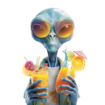 Professional Summer Vibe Extraterrestrial Being with Tropical Drinks On T Shirt Image Usage