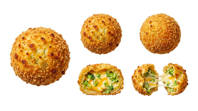 Golden Baked Broccoli Cheese Ball Snack Transparent PNG Isolated White Background Front Top Side Sliced Half Views Set