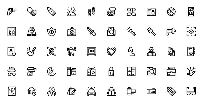 Private Detective icon pack. Minimal line vector icons. Includes symbols for revolver, magnifying glass, handcuffs, binocular, fingerprint scanner, clue, target, detective, privacy, security, police c