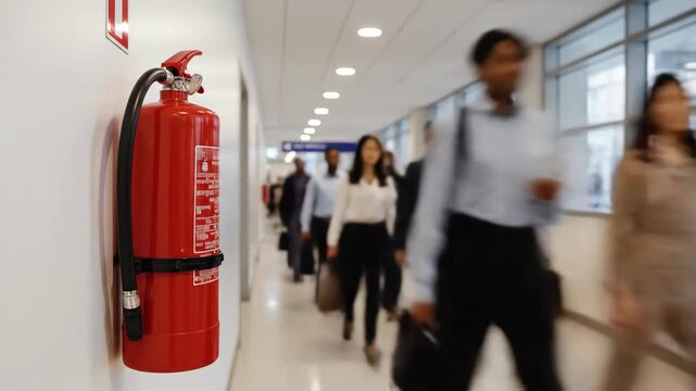 Red fire extinguisher mounted on wall in busy office corridor with busy employees walking through hallway. Business building interior hallway safety equipment.