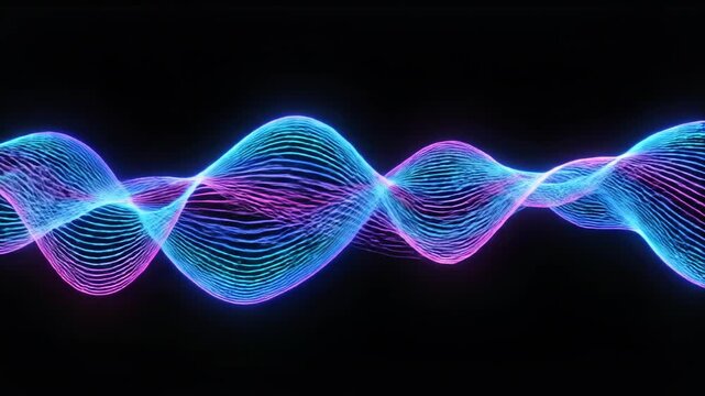 Abstract vibrant undulating blue teal and pink neon lines forming a glowing wave pattern on a black background, digital liquid motion background with fine light trails.