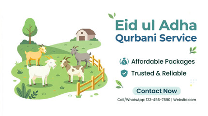 Obraz premium Eid ul Adha Qurbani Service banner, Islamic sacrifice livestock farm illustration, goats in green meadow for religious festival promotion