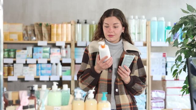 Girl in winter clothes choosing skin cream at the drugstore. High quality 4k footage
