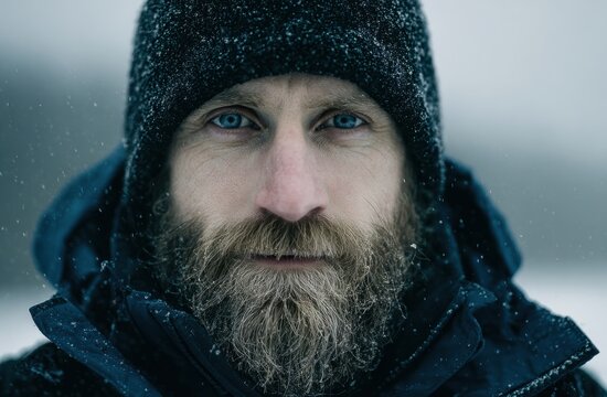 Man with a full beard and piercing blue eyes wearing a dark blue knitted beanie and winter jacket in cold outdoor setting