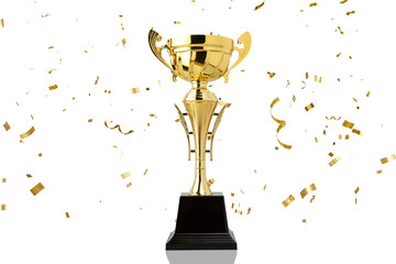 Obraz premium Trophy, Golden cup on black base, confetti nearby, PNG