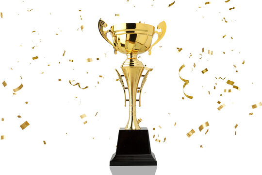 Trophy, Golden cup on black base, confetti nearby, PNG