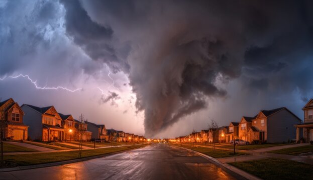 Massive tornado with dark, swirling clouds touching down in the middle of a residential neighborhood during a severe storm