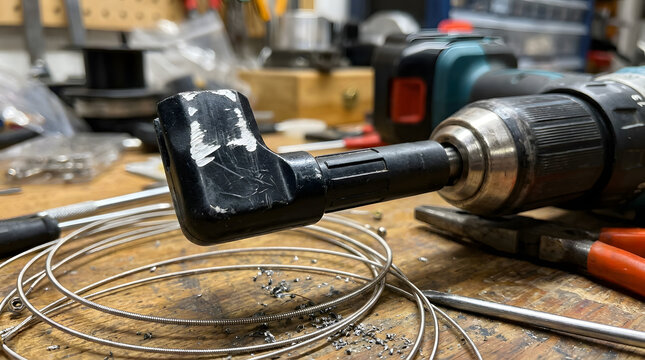 Guitar string winder and strings on workbench