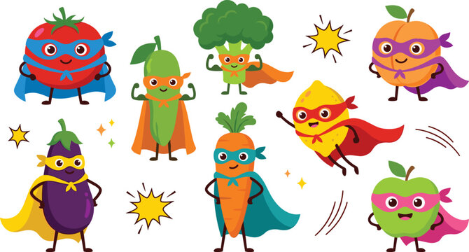 Cute Superhero Fruits and Vegetables Vector Illustration Set Featuring Tomato, Broccoli, Carrot, Lemon, Eggplant, Cucumber, Peach, and Green Apple Cartoon Mascot Characters