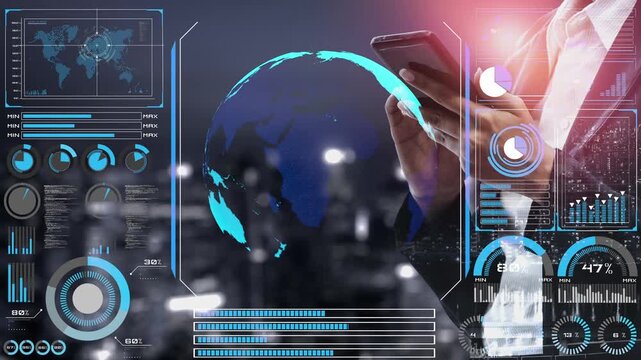 High-tech global network connection interface showing worldwide digital communication, data exchange, and internet connectivity. Global connection, data interaction, and worldwide communication. Thunk