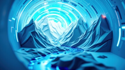 Obraz premium Futuristic tunnel, bright blue light, polygonal mountains. Digital art, abstract shapes, glowing rings create depth. Dramatic perspective.