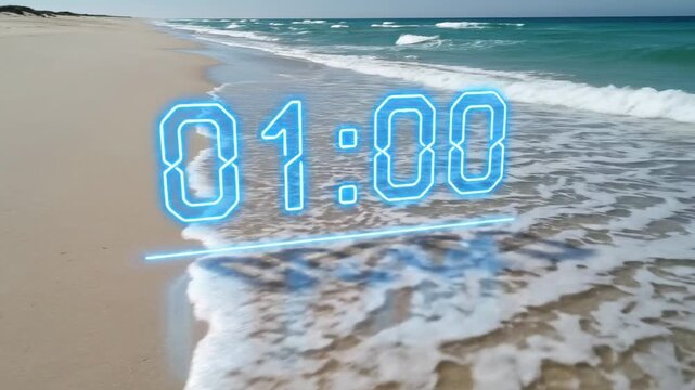 A serene beach scene with a digital timer overlay on the wet sand