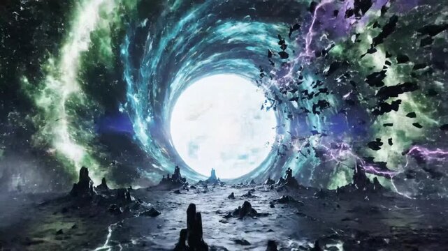 Cosmic portal with lightning over dark alien landscape