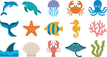 Cartoon marine animals and sea life collection in vibrant flat design featuring dolphin, turtle, jellyfish, crab, octopus, and more, colorful underwater character vector illustration pack. © Dalim 3