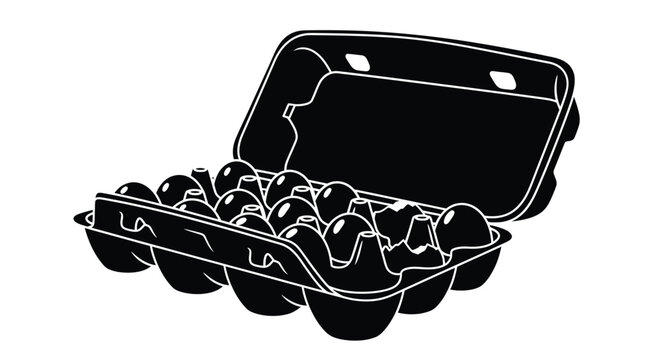 Black and white illustration of an open egg carton