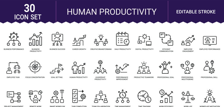 Human productivity business line art icons set, time management, goal setting, efficiency, focus, performance, task management, teamwork, motivation, work balance, Web icon, App icon, Outline icon