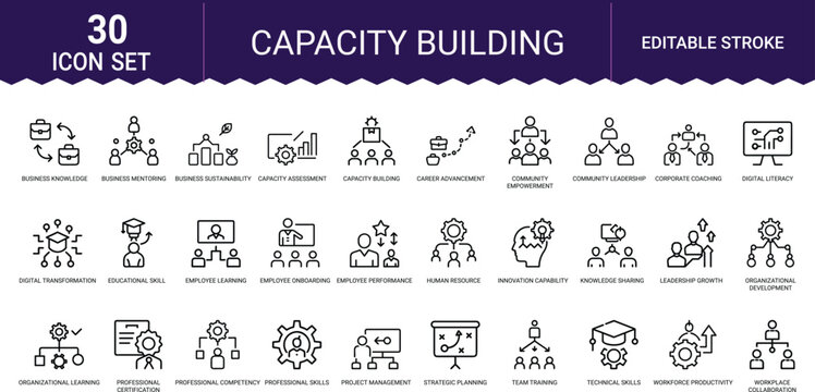 Capacity building training line art icons set, skill development, teamwork, leadership, mentoring, coaching, workshop, knowledge sharing, employee growth, Web icon, App icon, Outline icon