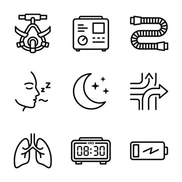 Sleep apnea treatment and respiratory health outline vector icons with thin line well being respiratory healthcare