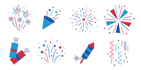 Obraz premium Holiday firework icon set with USA flag colors. America Independence Day fourth of July decorative elements collection