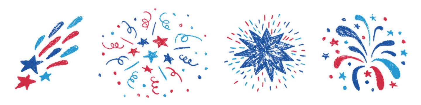 Hand drawn firework and starfall with USA flag colors. America Independence Day fourth of July doodle elements collection