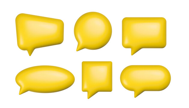 3D yellow speech bubble collection. Glossy empty dialog box set isolated on white background. Talking cloud with different geometric form