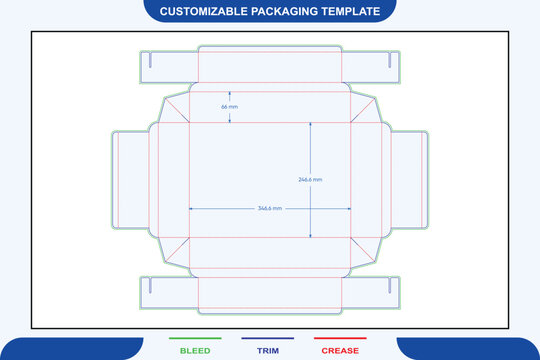 Flat dieline template for a rectangular food takeaway box with labeled dimensions, including bleed, trim, and crease lines for printing and folding