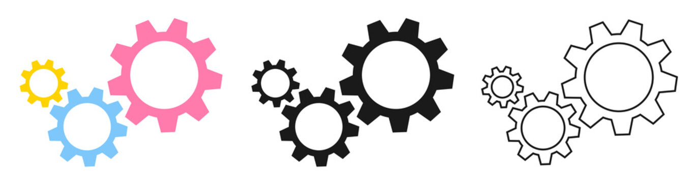 Three cogs vector illustration. Gear wheel icon outline, black and color style