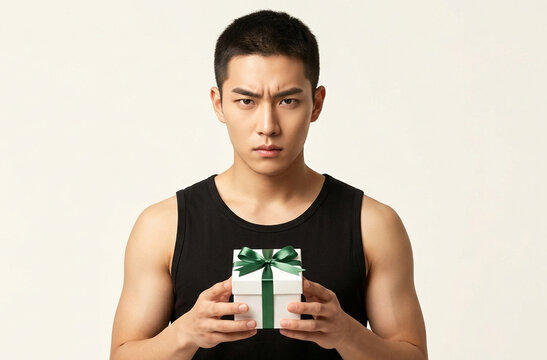 A serious young Asian man with a short haircut wearing a black tank top holds a small white gift box wrapped with a green ribbon against a plain cream background.