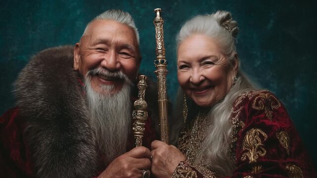 Majestic elderly Asian couple portraying historical figures, clad in rich costumes and ornaments. Authentic cosplay captures age and wisdom. Celebrating retirement and passion.