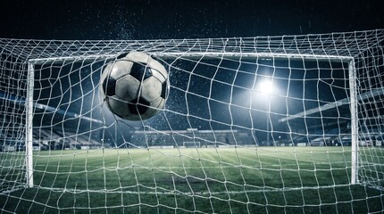 Fototapeta premium A soccer ball soaring into a net during a game on a misty night, under stadium lights
