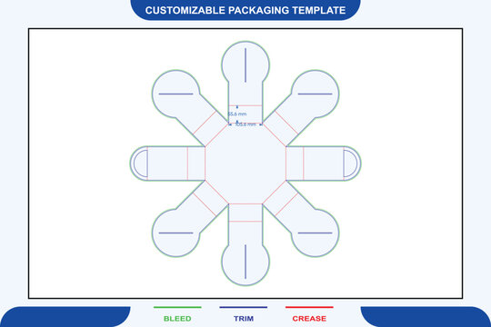 Octagon tray box dieline template with eight petal-shaped flaps, featuring color-coded bleed, trim, and crease lines for packaging structural