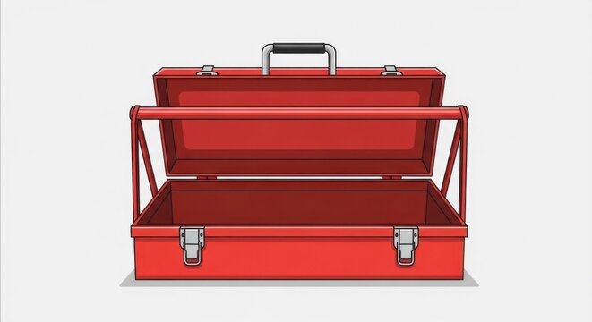 Open red metal professional tool box.