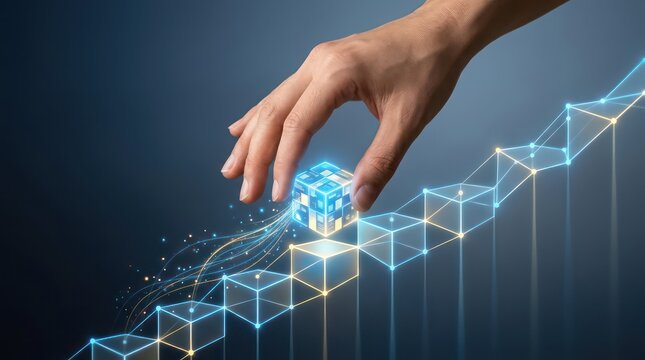 Human hand placing glowing financial data cube on ascending digital growth graph for business planning technology banner background