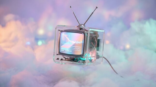 Retro-futuristic transparent TV floating in surreal pastel clouds for vaporwave aesthetic website headers, creative branding, and marketing presentations