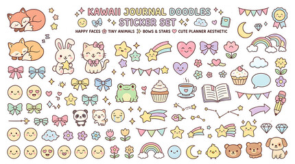 Kawaii journal doodles sticker set with happy faces and tiny animals isolated on transparent background © SMNahid