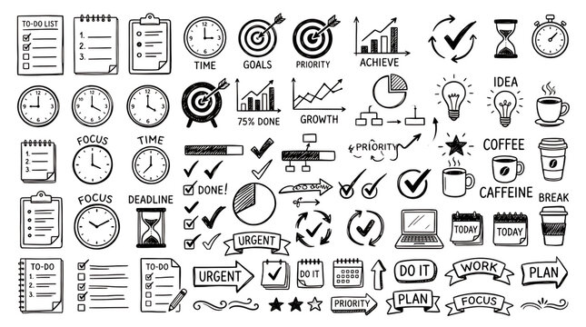 Black and white doodle style business productivity icons isolated on transparent background